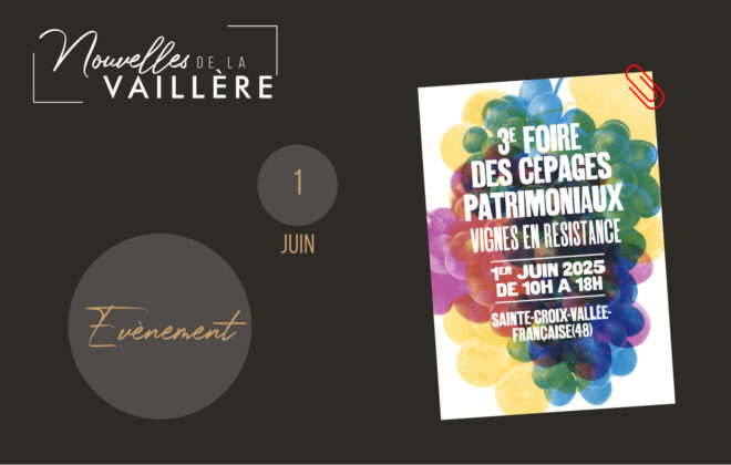Participez à la 3e Foire des Cépages Patrimoniaux – Vignes en Résistance, le 1er juin 2025 de 10h à 18h à Sainte-Croix-Vallée-Française (48). Un événement unique autour des cépages anciens et résistants.
